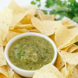 This Tomatillo Salsa is such a tasty alternative to traditional salsa.  It's a little sweet and a little spicy and absolutely perfect. It's great by itself with just some chips, but it would be great as a green enchilada sauce as well.