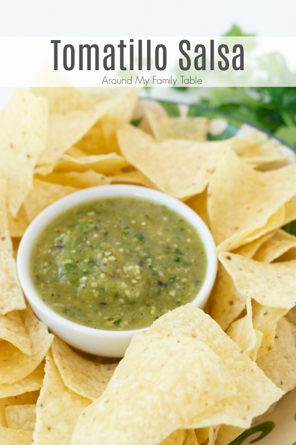 This Tomatillo Salsa is such a tasty alternative to traditional salsa.  It's a little sweet and a little spicy and absolutely perfect. It's great by itself with just some chips, but it would be great as a green enchilada sauce as well.