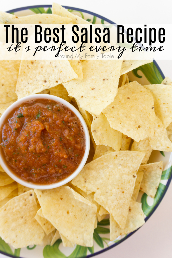 titled photo (and shown): The Best Salsa Recipe (on a tray with tortilla chips)
