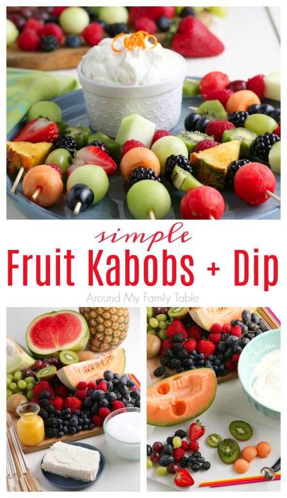Fruit Kabobs and fruit dip collage with ingredients laid out and kabobs/dip for serving