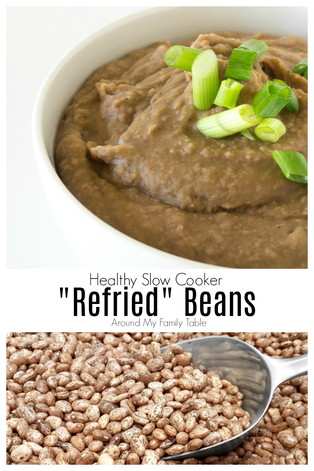 This refried beans recipe is easy to make in your crockpot or pressure cooker! It produces creamy smooth beans that can be used as a side dish, or added to tacos, burritos, and other Mexican slow cooker recipes. #refriedbeans #pintobeans #slowocooker #crockpot #instantpot #pressurecooker #mexicanfood #vegetarian via @slingmama