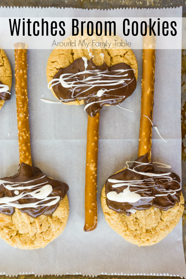 I love turning my simple Peanut Butter Cookie recipe into these fun Halloween Witches Broom Cookies.  Everyone loves a good chocolate and peanut butter dessert!