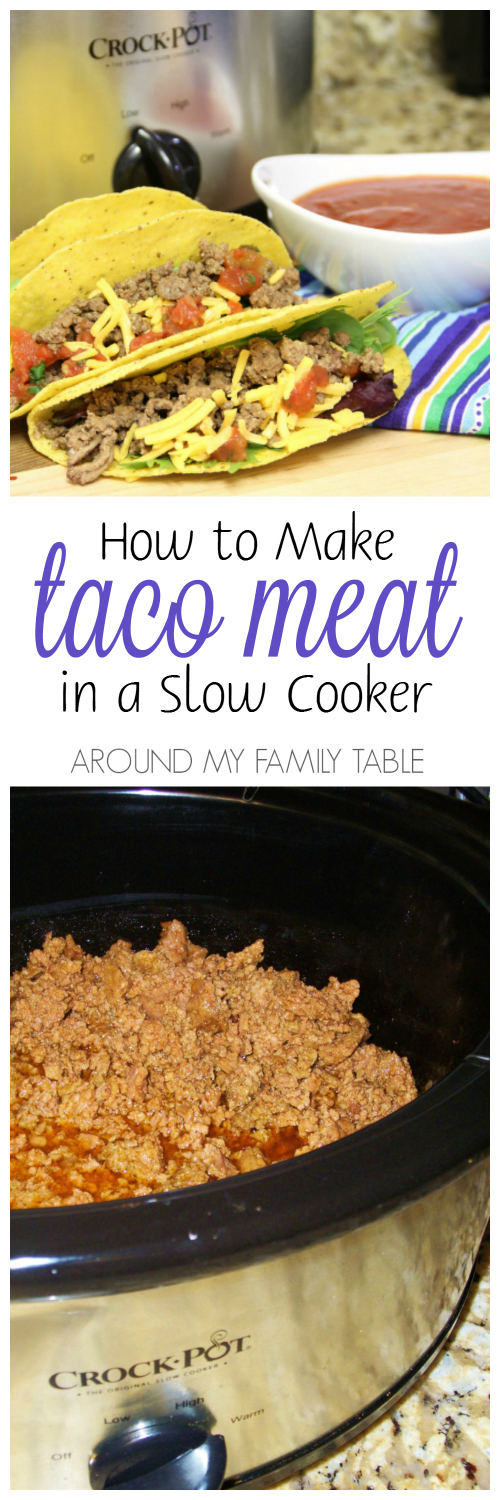 photo collage of slow cooker taco meat