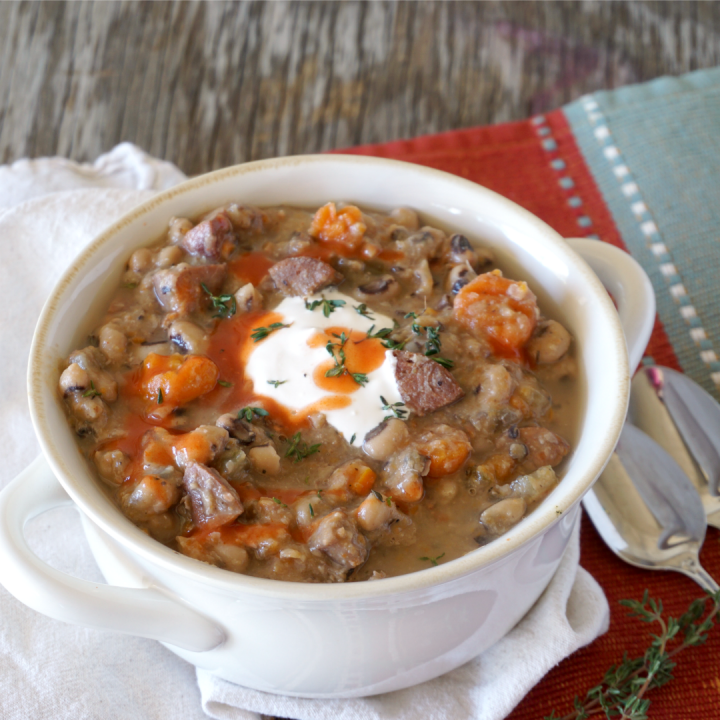 soup crock of black eyed pea soup made in a slow cooker