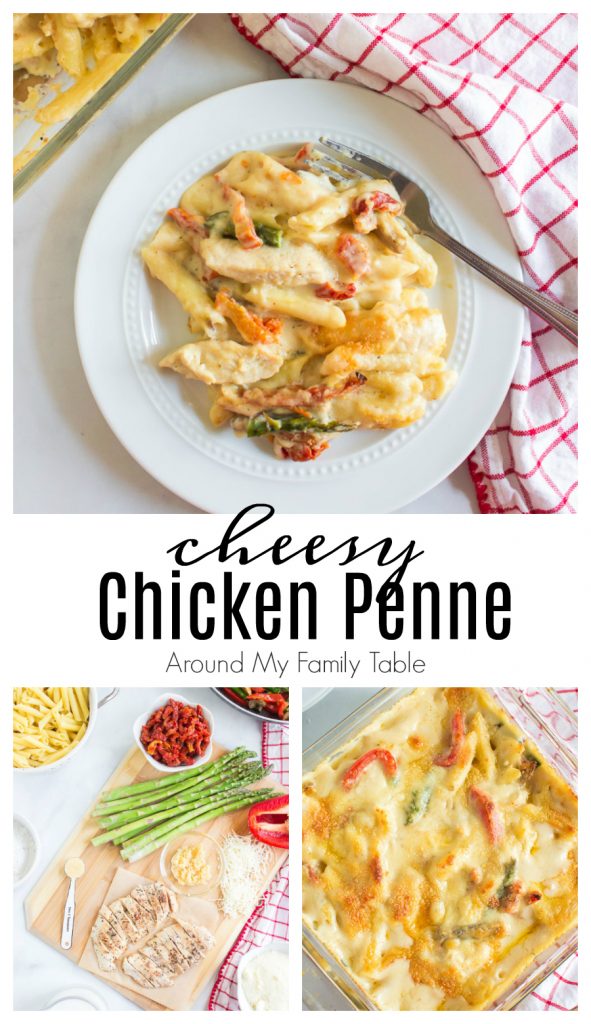 Cheesy Chicken Penne collage of ingredients, in the baking pan, and served on a plate.