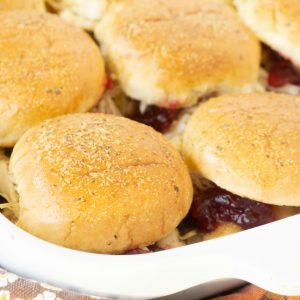 a pan of cranberry turkey sliders