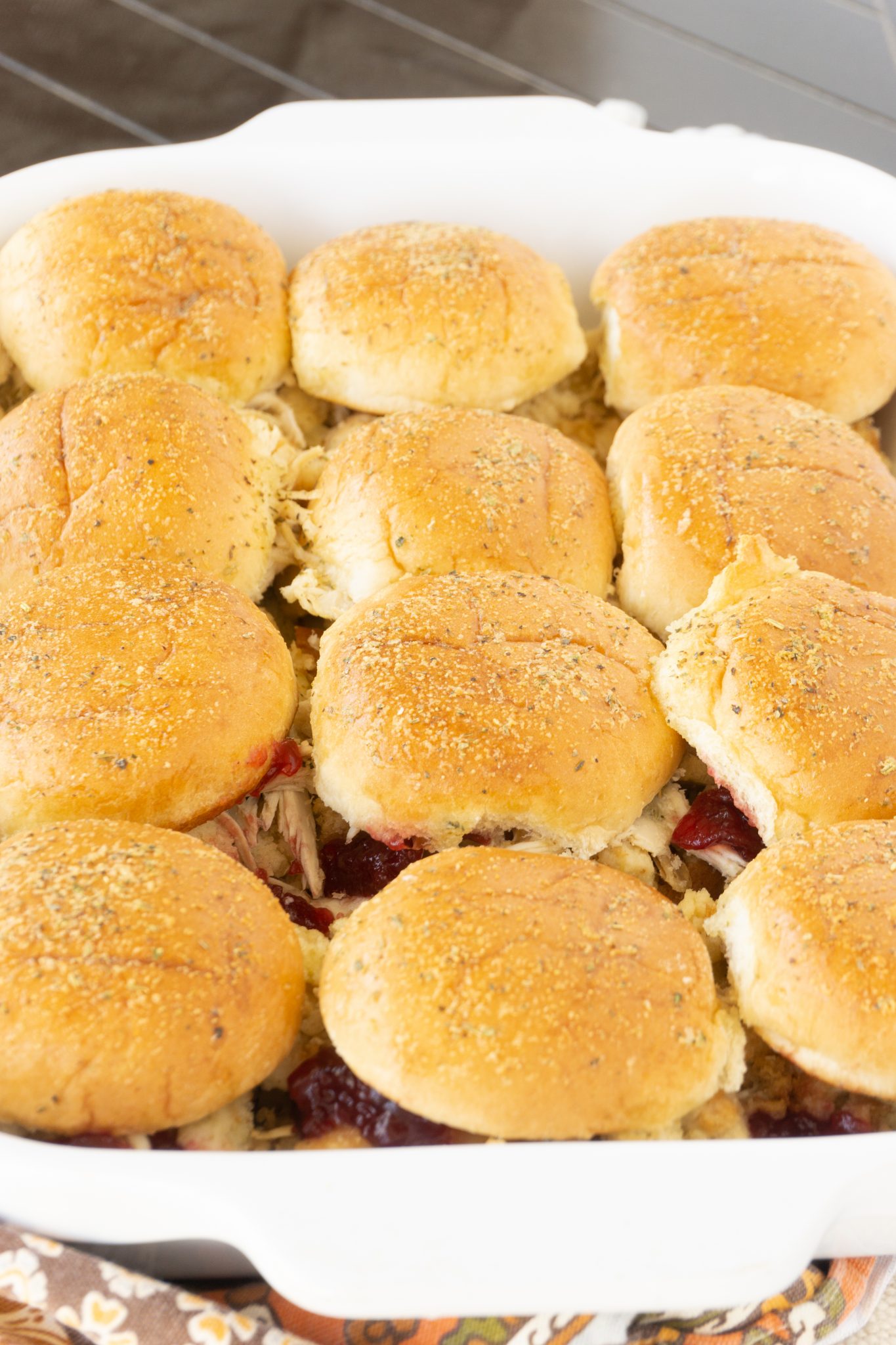 a pan of cranberry turkey sliders