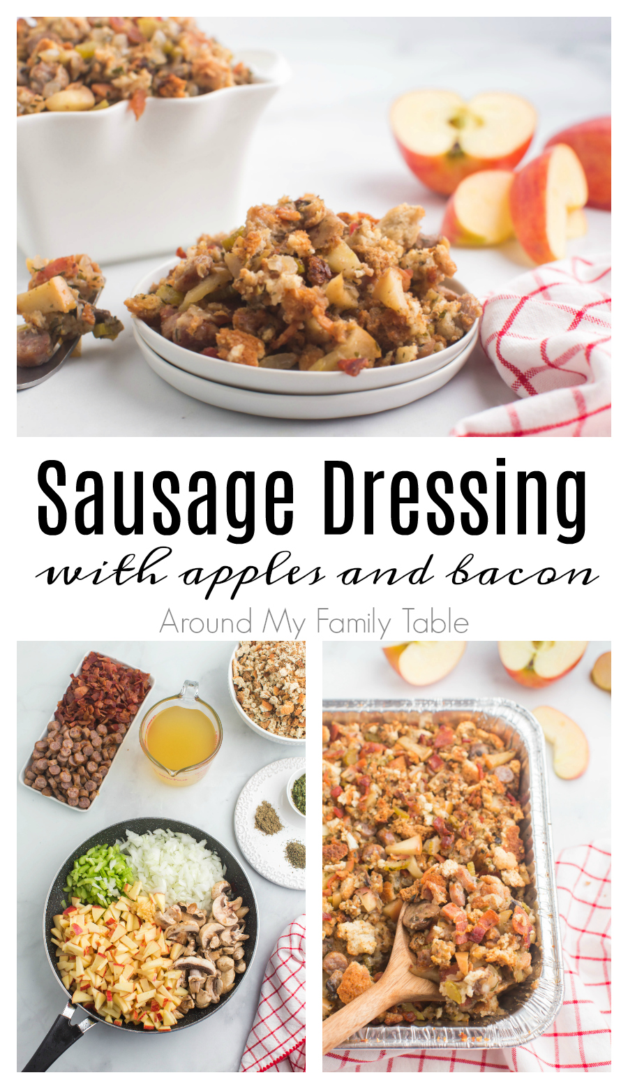 Sausage dressing is a classic with holiday turkey. Make this easy holiday side dish recipe with apples and bacon for fantastic flavor. The perfect side dish for Thanksgiving, Christmas, and even Easter. via @slingmama