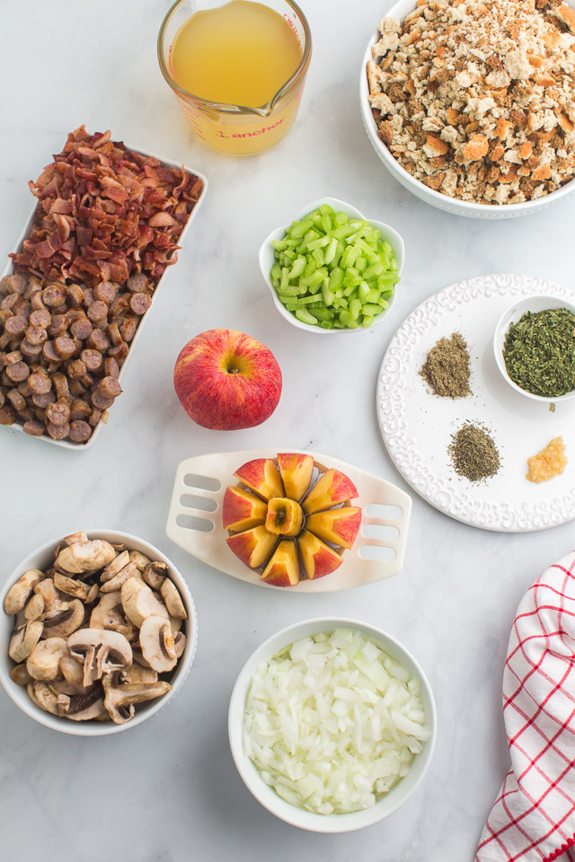 overhead photo: apples, sausage, celery and bread for easy Thanksgiving sides