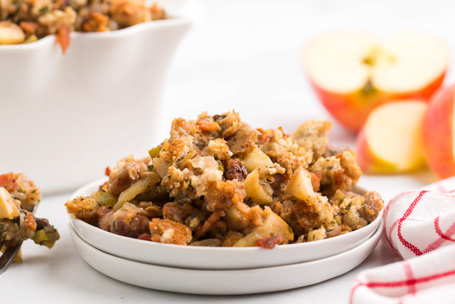 side view: Thanksgiving stuffing piled high on white plate