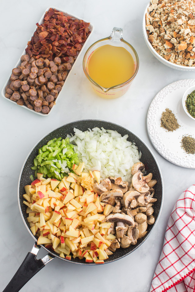 overhead photo: ingredients arranged in dishes to make sausage dressing recipe