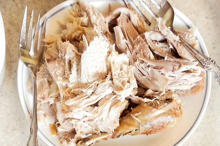 shredded leftover turkey in white dish