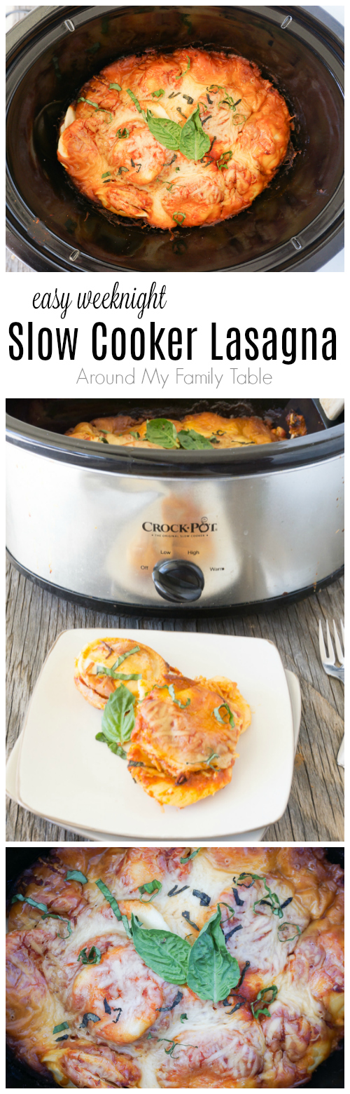 Only 3 ingredients and a few hours and this hot Easy Weeknight Lasagna in the Slow Cooker will be your new favorite go-to meal on busy nights! #slowcooker #crockpot #lasagna