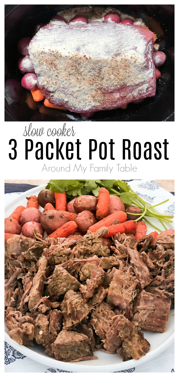 Just a big ol' roast, 3 packets, and some vegetables...that's all you need for this moist and flavorful 3 Packet Pot Roast Recipe that cooks all day in a slow cooker.   via @slingmama