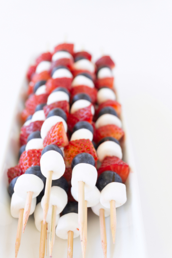 Fun party food doesn't have to be super involved or time consuming.  These Patriotic Fruit Kabobs are super festive and something the kids can help make too. 