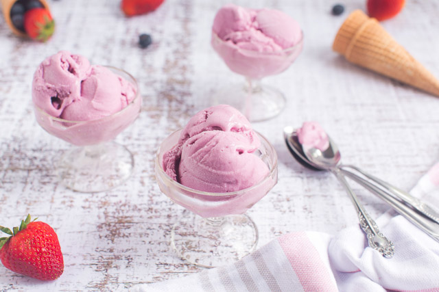 homemade berry marshmallow ice cream in small glass serving bowls