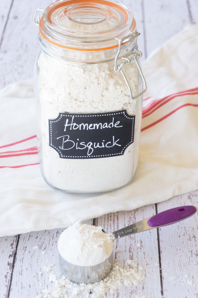 homemade Bisquick in clear glass jar with label