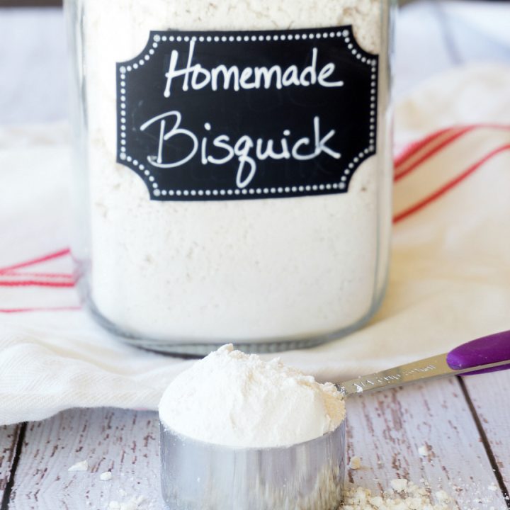 close up photo of homemade all-purpose baking mix in measuring cup