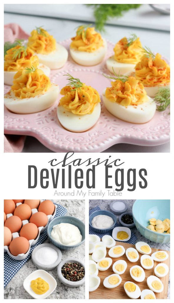 photo collage shows how to make the best deviled eggs recipe and finished eggs on a platter