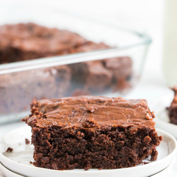 fudgy dark chocolate brownie on white plate