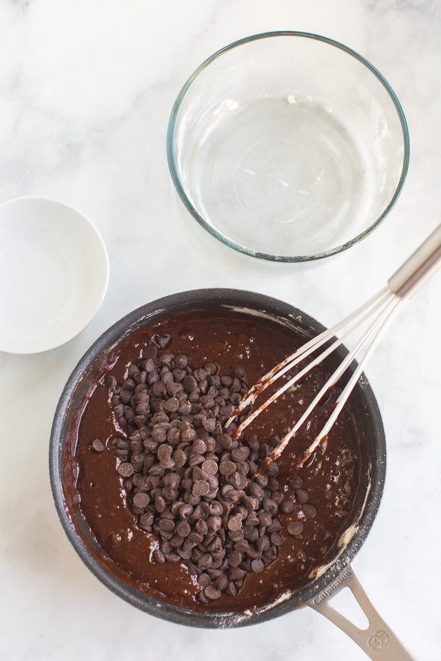 overhead image: coconut oil brownie batter in sauce pan