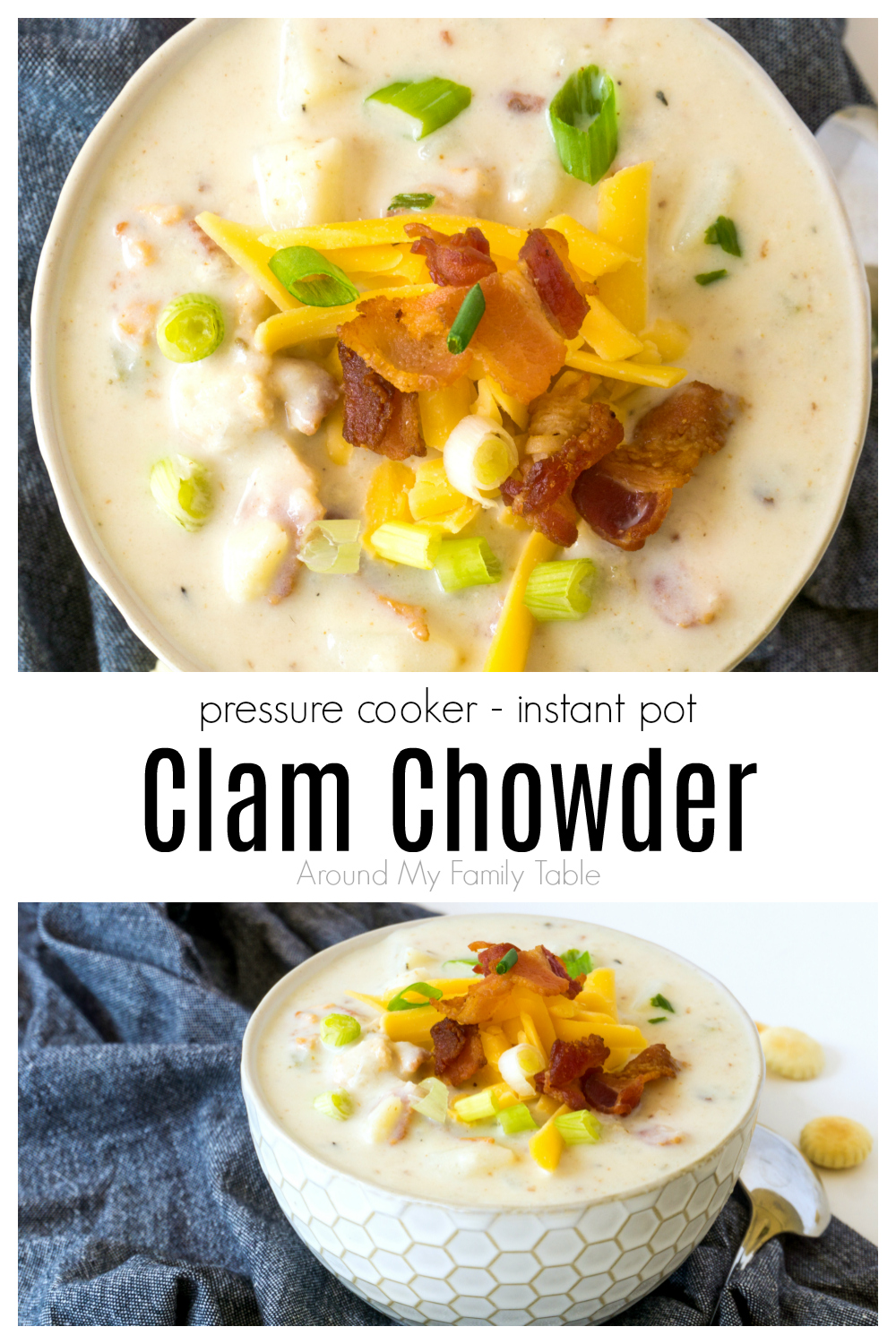 overhead image of bowl of thick and creamy clam chowder