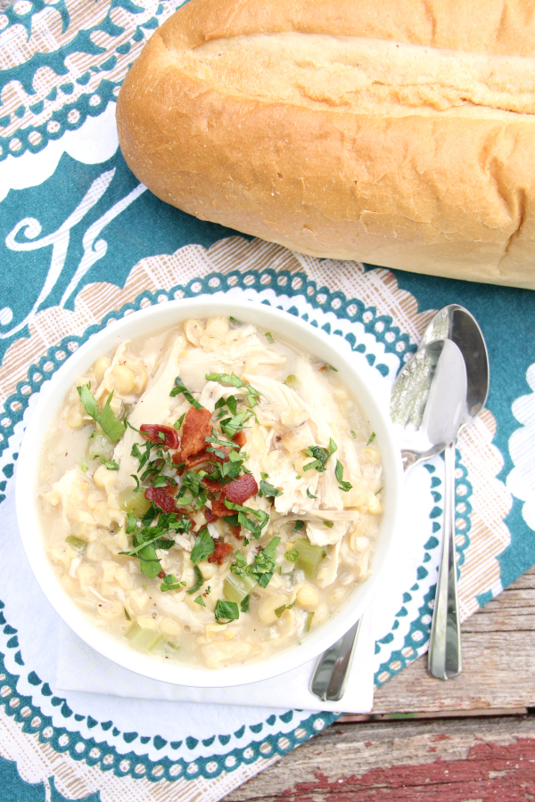 Throw together is quick Chicken and Corn Soup using leftover chicken for a simple, yet hearty weeknight supper.