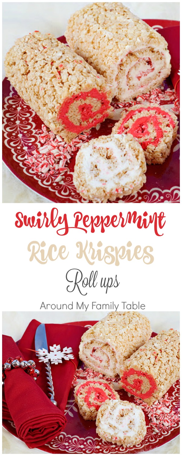 Swirly Peppermint Rice Krispies Roll-Ups - Rice Krispies treats rolled up with sweet peppermint filling