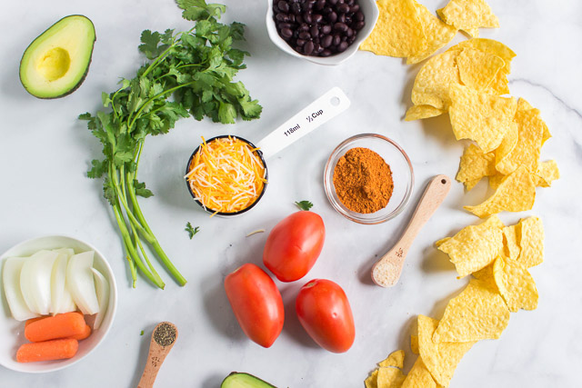 overhead photo of ingredients on counter for making vegetarian taco soup
