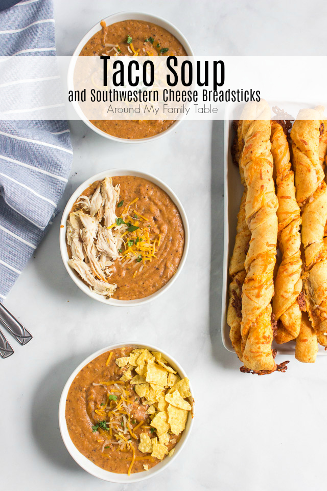 titled photo (and shown): Taco Soup and Southwestern Cheese Breadsticks