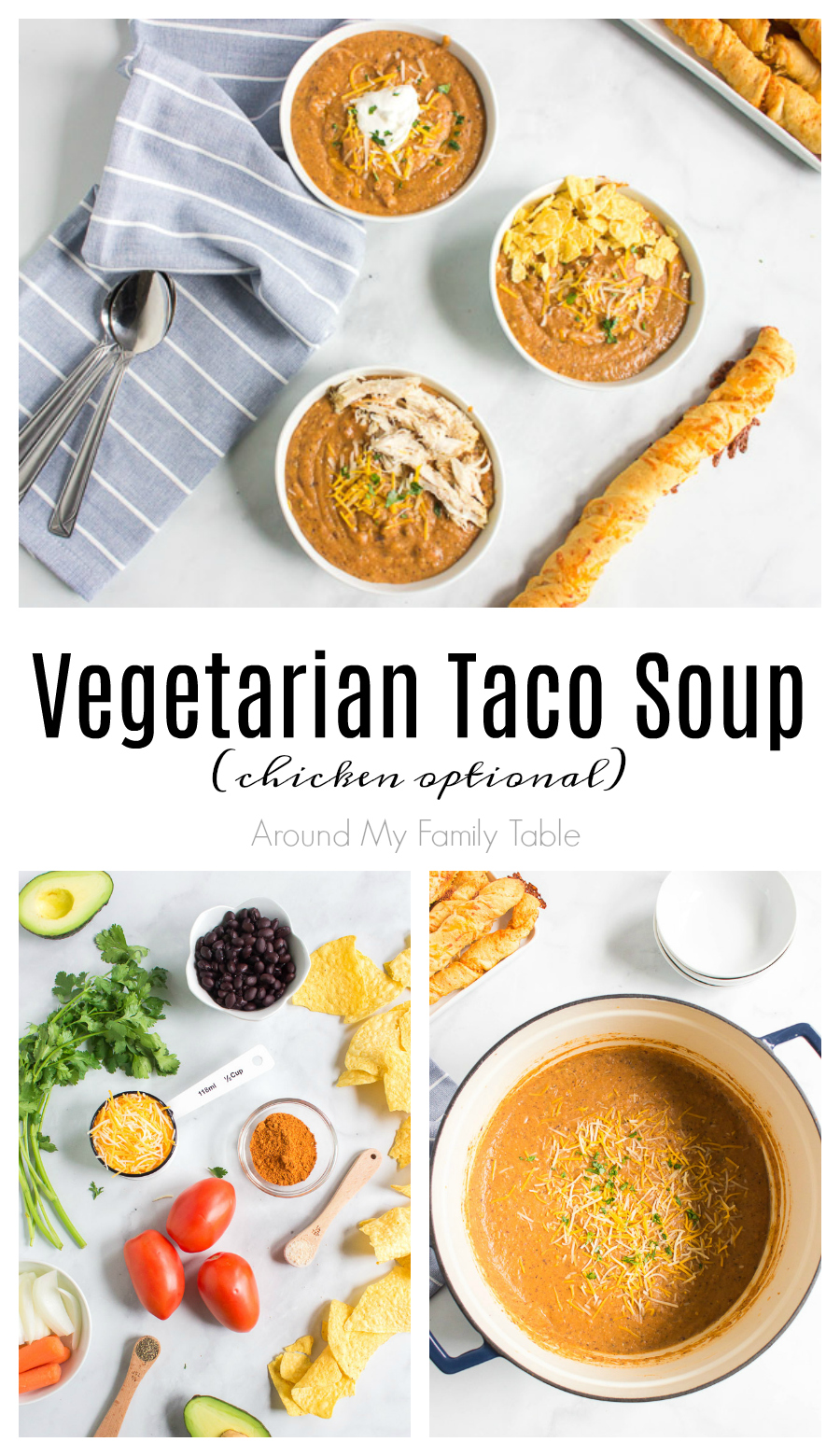 Vegetarian taco soup is creamy and hearty, with southwest spices and bold Tex-Mex flavor. Make this blender soup recipe using a #vitamix or #blendtec in just 15 minutes! #blenderrecipes #tacosoup #recipe #TexMex #vegetarian via @slingmama