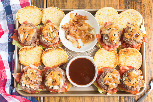 overhead image: tray of 8 open faced bacon blue cheese beef sliders