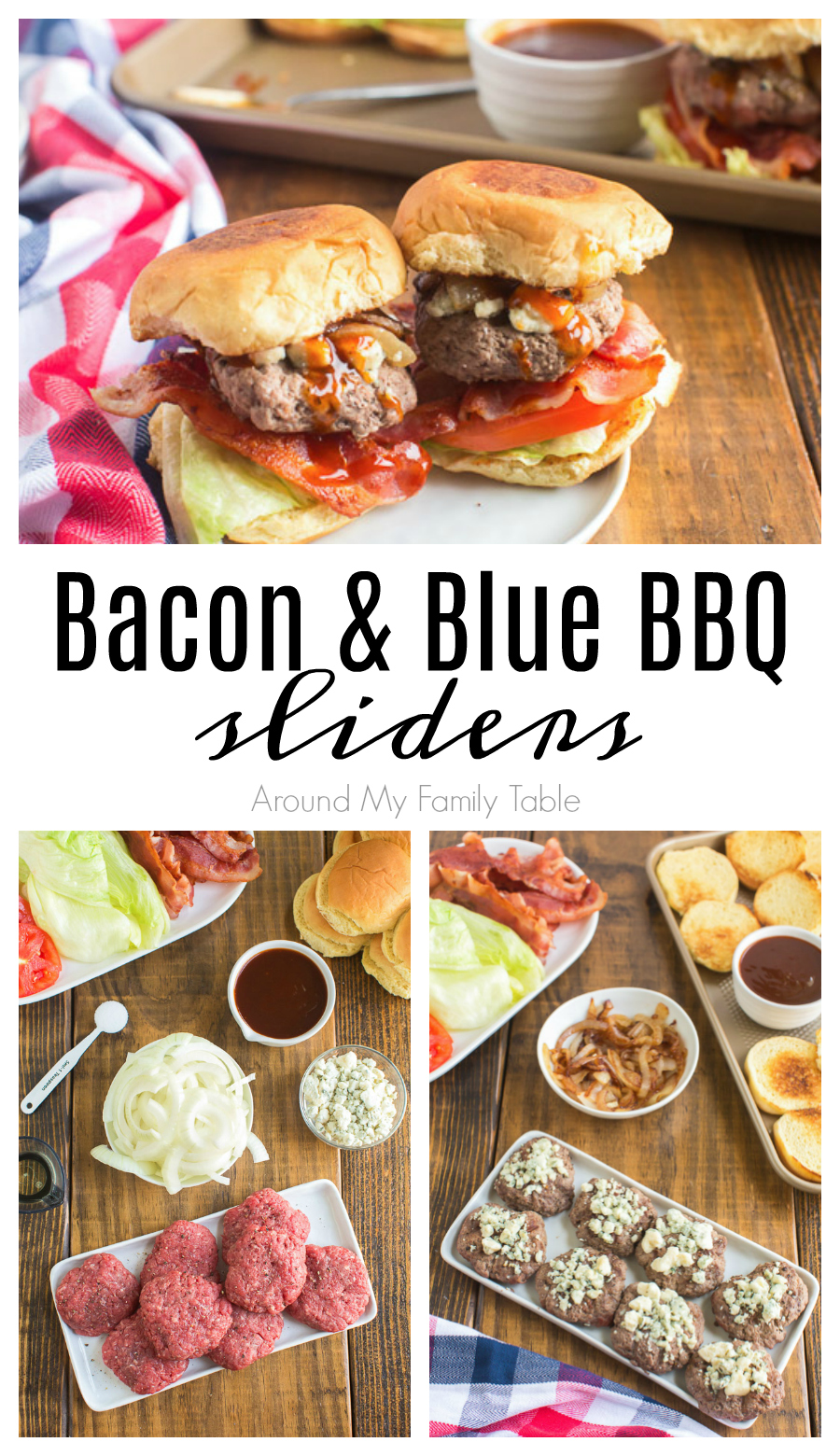 Bacon Blue Sliders are mini burgers with BBQ sauce, bacon, caramelized onions and blue cheese on top. Make this slider recipe for your next cookout! via @slingmama