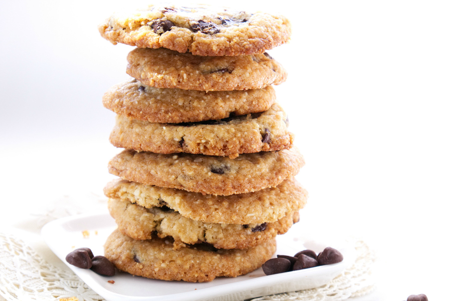 Crispy Chocolate Chip Cookies are perfect dipping in a tall glass of milk. The almond flour adds a slightly nutty flavor to traditional chocolate chip cookies.