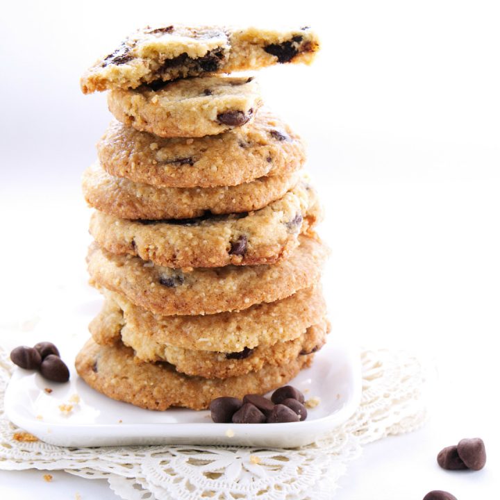 Crispy Chocolate Chip Cookies are perfect dipping in a tall glass of milk. The almond flour adds a slightly nutty flavor to traditional chocolate chip cookies.