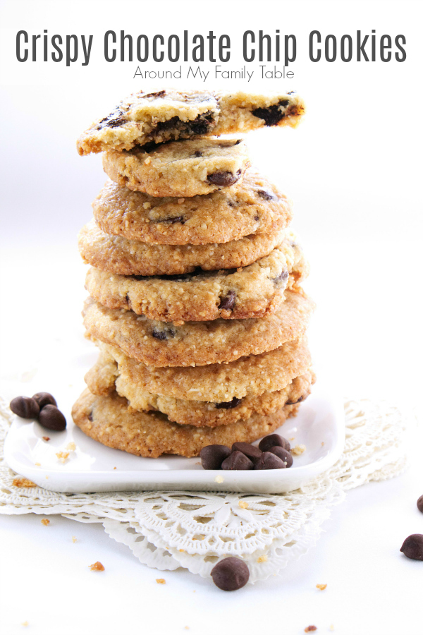 Crispy Chocolate Chip Cookies are perfect dipping in a tall glass of milk. The almond flour adds a slightly nutty flavor to traditional chocolate chip cookies.