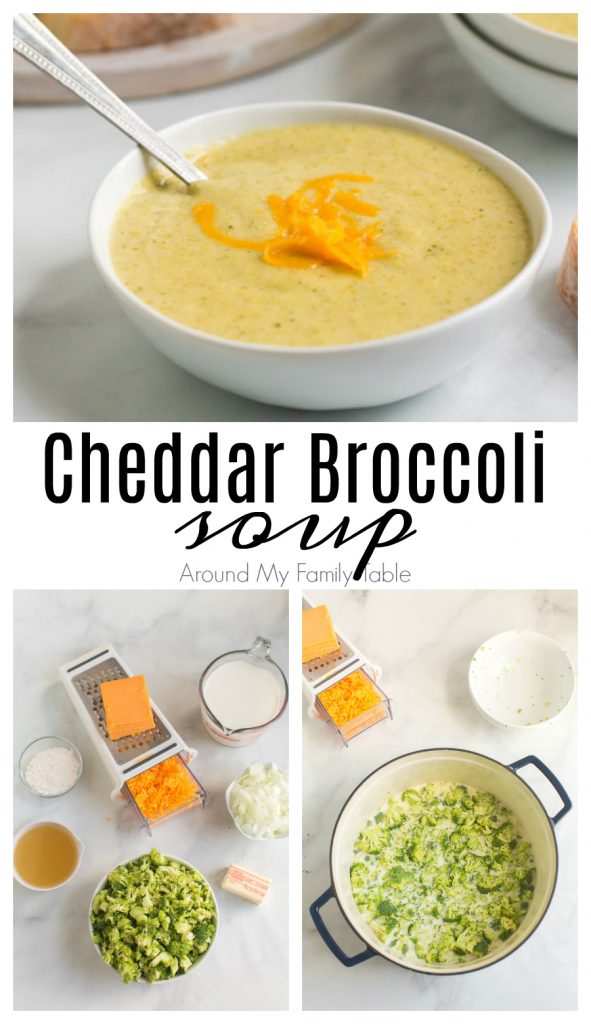 titled photo collage shows steps to make broccoli cheese soup