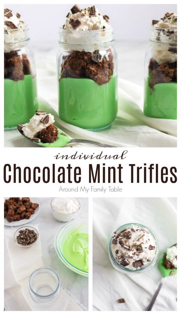 individual chocolate mint trifles in glass jars collage with ingredients