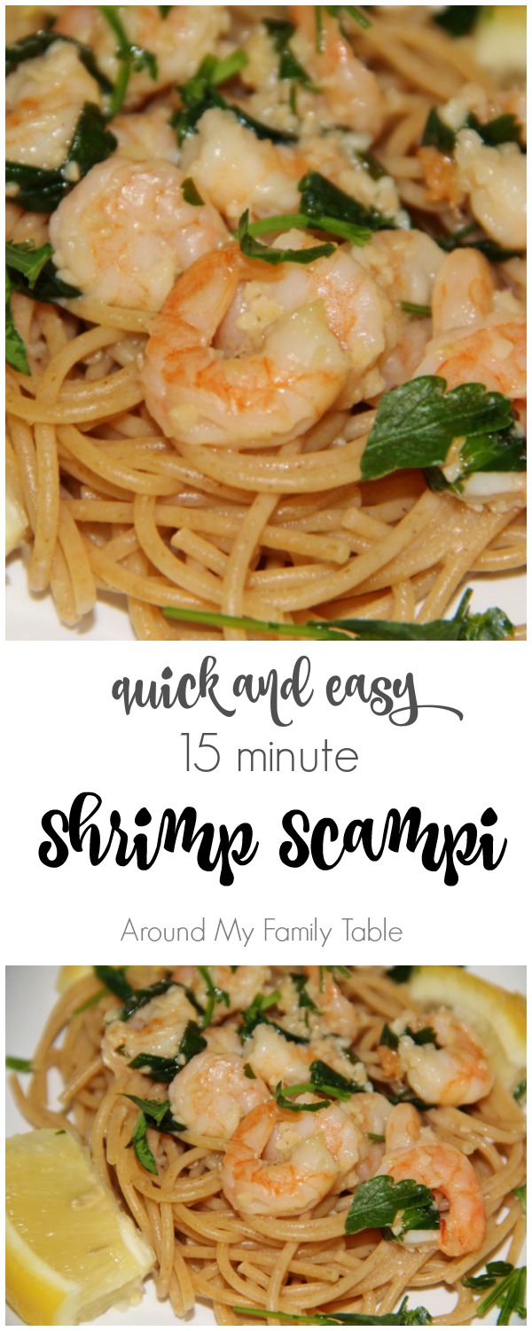 Easy Shrimp Scampi with Whole Wheat Pasta - this easy shrimp scampi recipe comes together in 15 minutes! For gluten-free shrimp scampi, serve over rice or gluten-free pasta