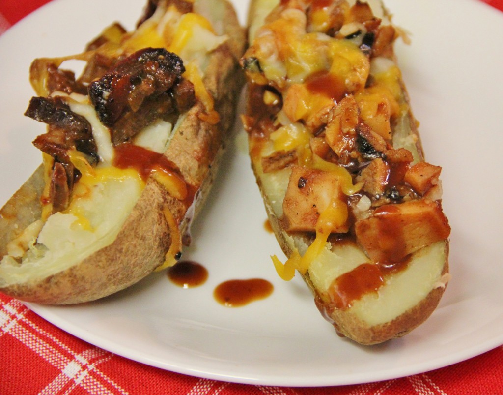 Two halves of a Loaded BBQ Potato Skins
