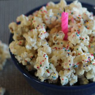 birthday cake popcorn with candle in center