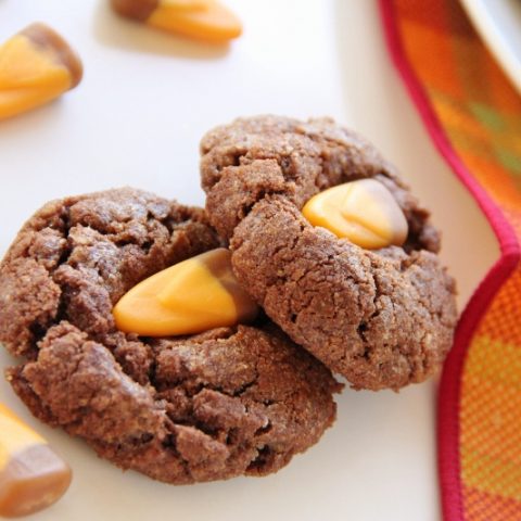 chocolate caramel cookies with candy corn on top