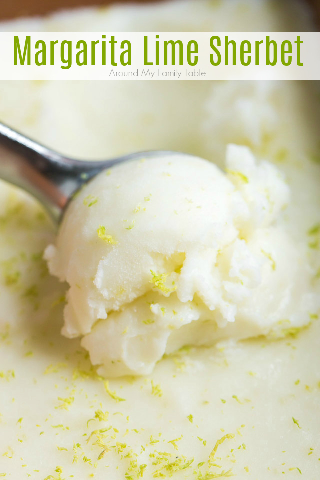 titled image (and shown): Frozen Margarita Lime Sherbet (photo shows it being scooped)