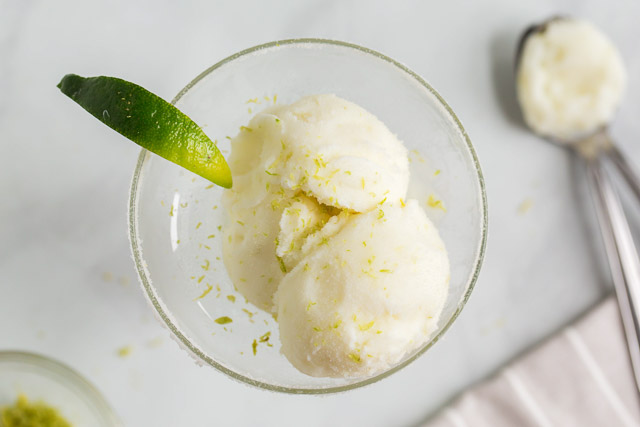 dish of homemade frozen margarita lime sherbet