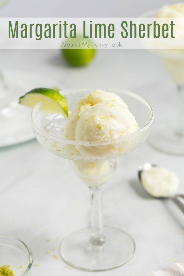 scoops of Margarita Lime Sherbet in a margarita glass with a wedge of lime