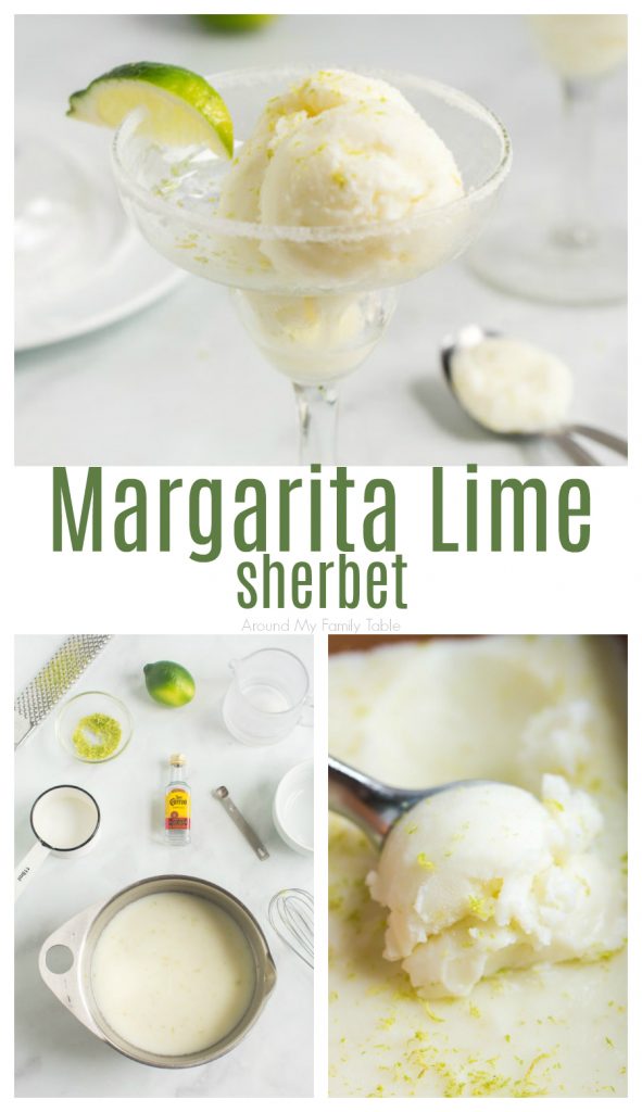 collage of Margarita Lime Sherbet in a margarita glass with a wedge of lime and a picture of ingredients and a picture of a scoop of sherbet