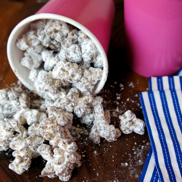 Who doesn't love Muddy Buddies?! It's the combination of creamy peanut butter and melty chocolate drizzled all over Chex cereal, then coated with a nice helping of powdered sugar. This Muddy Buddy Popcorn might even be better than the original. 