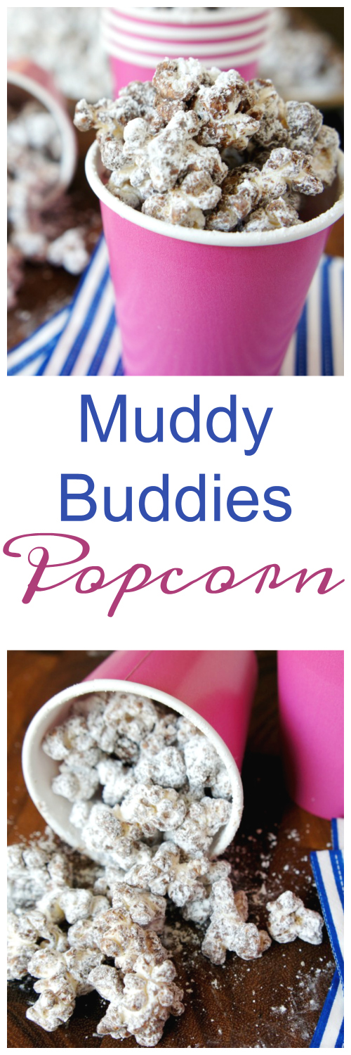 This Muddy Buddy Popcorn might even be better than the original and who doesn't love Muddy Buddies?! You know...that delicious combination of creamy peanut butter and melty chocolate drizzled all over Chex cereal, then coated with a nice helping of powdered sugar.