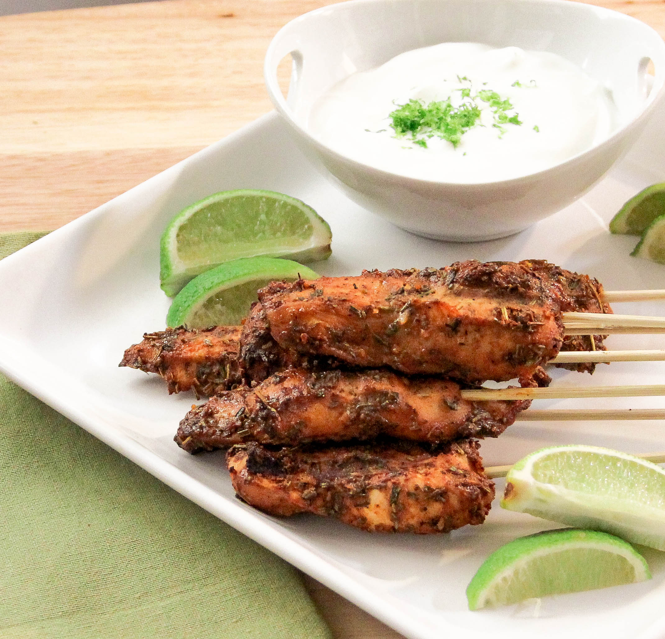 Fire Cracker Chicken Skewers with a Cooling Lime Cream Sauce