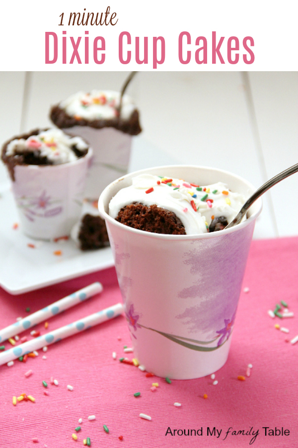 Only one minute to hot glorious cake! Use your favorite cake mix and a paper Dixie cup for these 1 Minute Dixie Cup Cakes for an after school snack or late night treat for yourself!